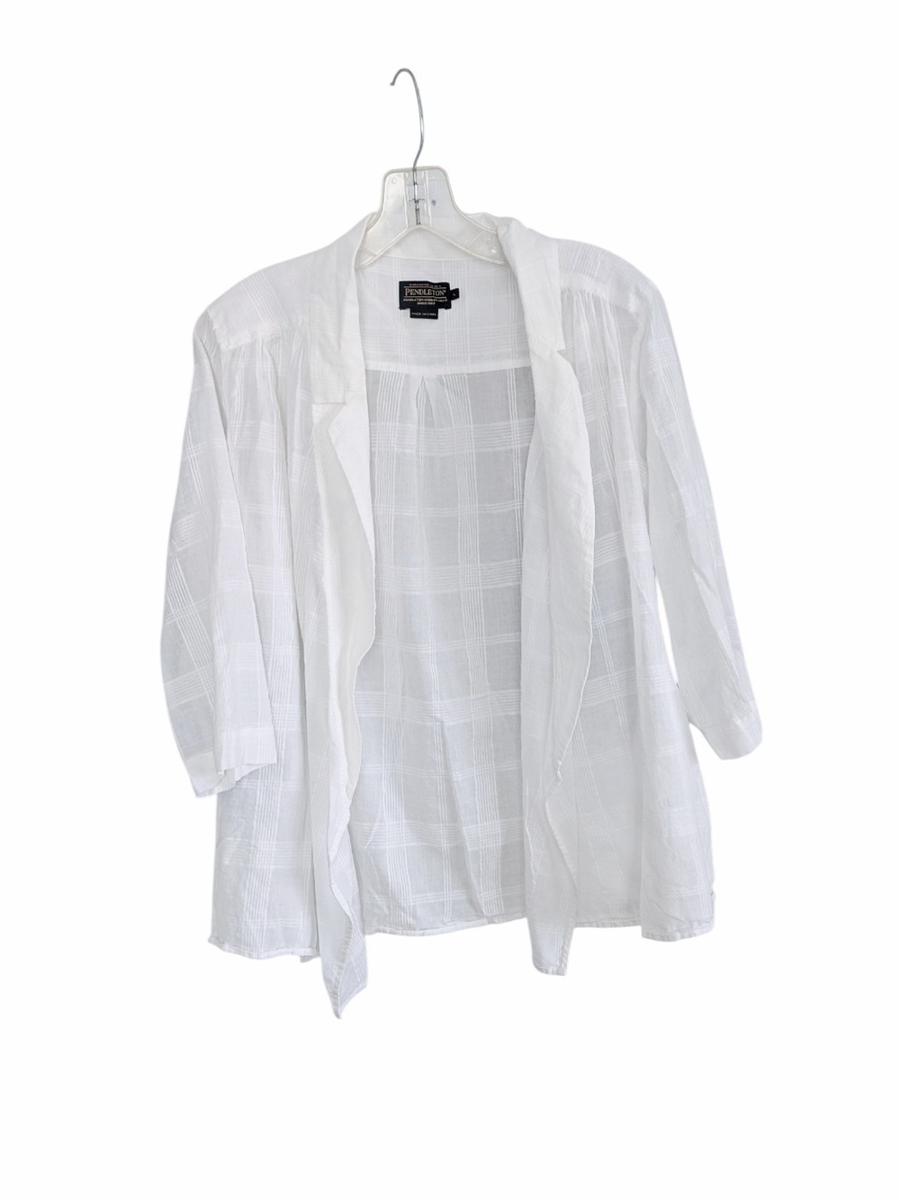 Pendleton White Sheer Shadow Plaid Open Front Layering Jacket Cardigan, Large